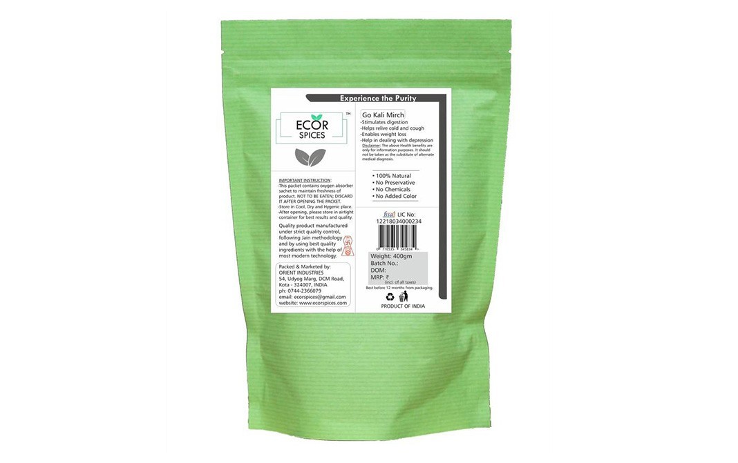 Ecor Spices Black Pepper    Pack  400 grams
